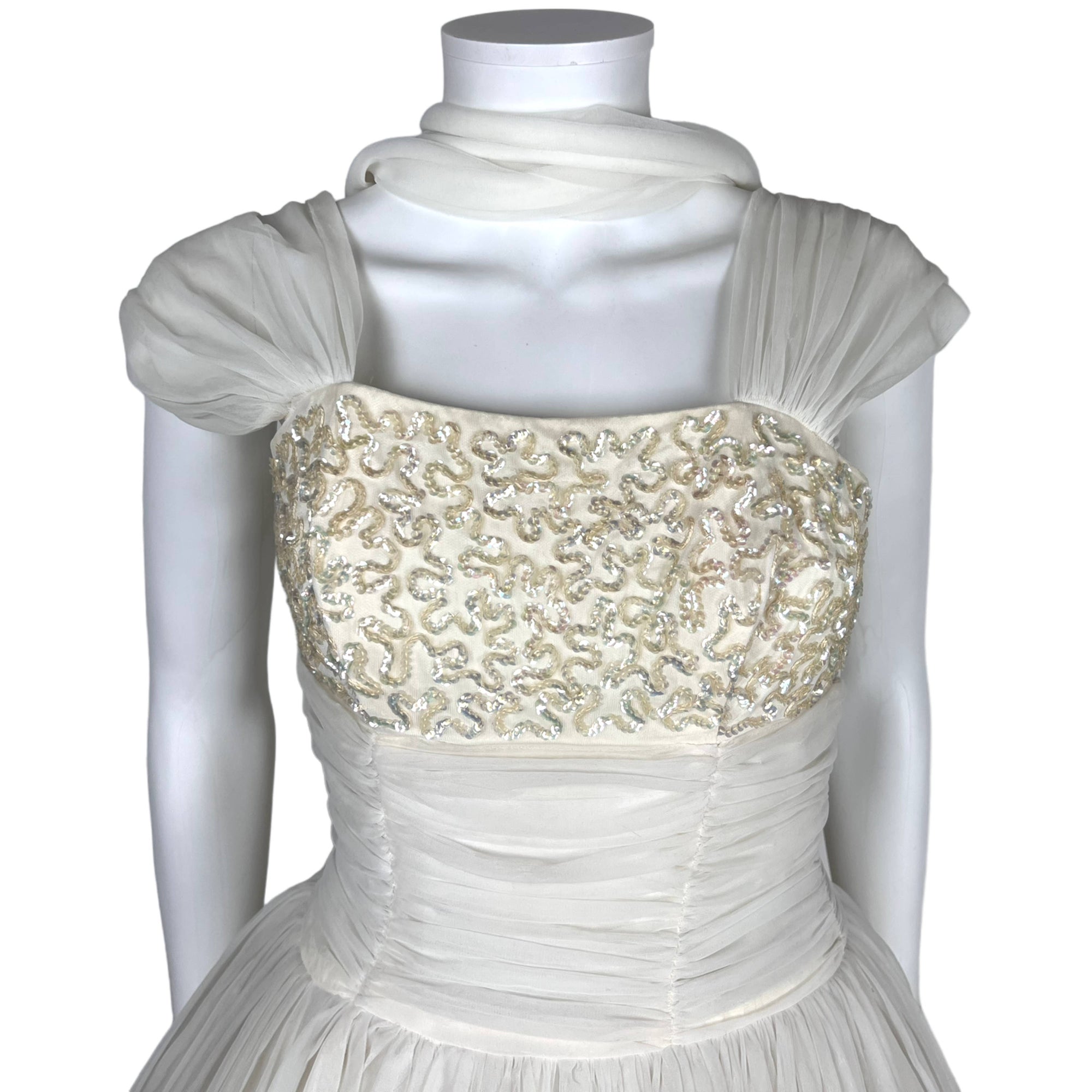 Vintage 50s Party Dress White Nylon Chiffon Sequinned Bust S