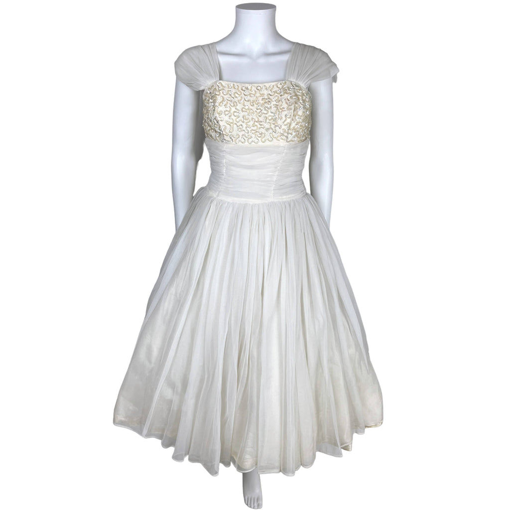 Vintage 50s Party Dress White Nylon Chiffon Sequinned Bust S