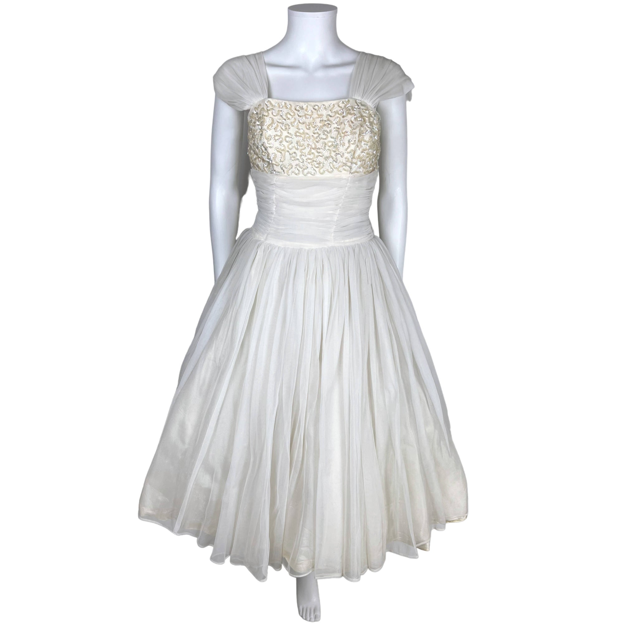 Vintage 50s Party Dress White Nylon Chiffon Sequinned Bust S