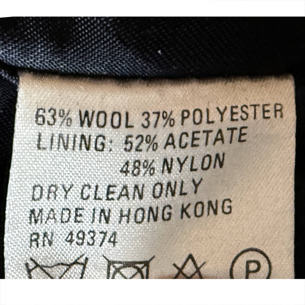 WilliWear jacket fabric label showing 63% wool 37% polyester and acetate nylon lining