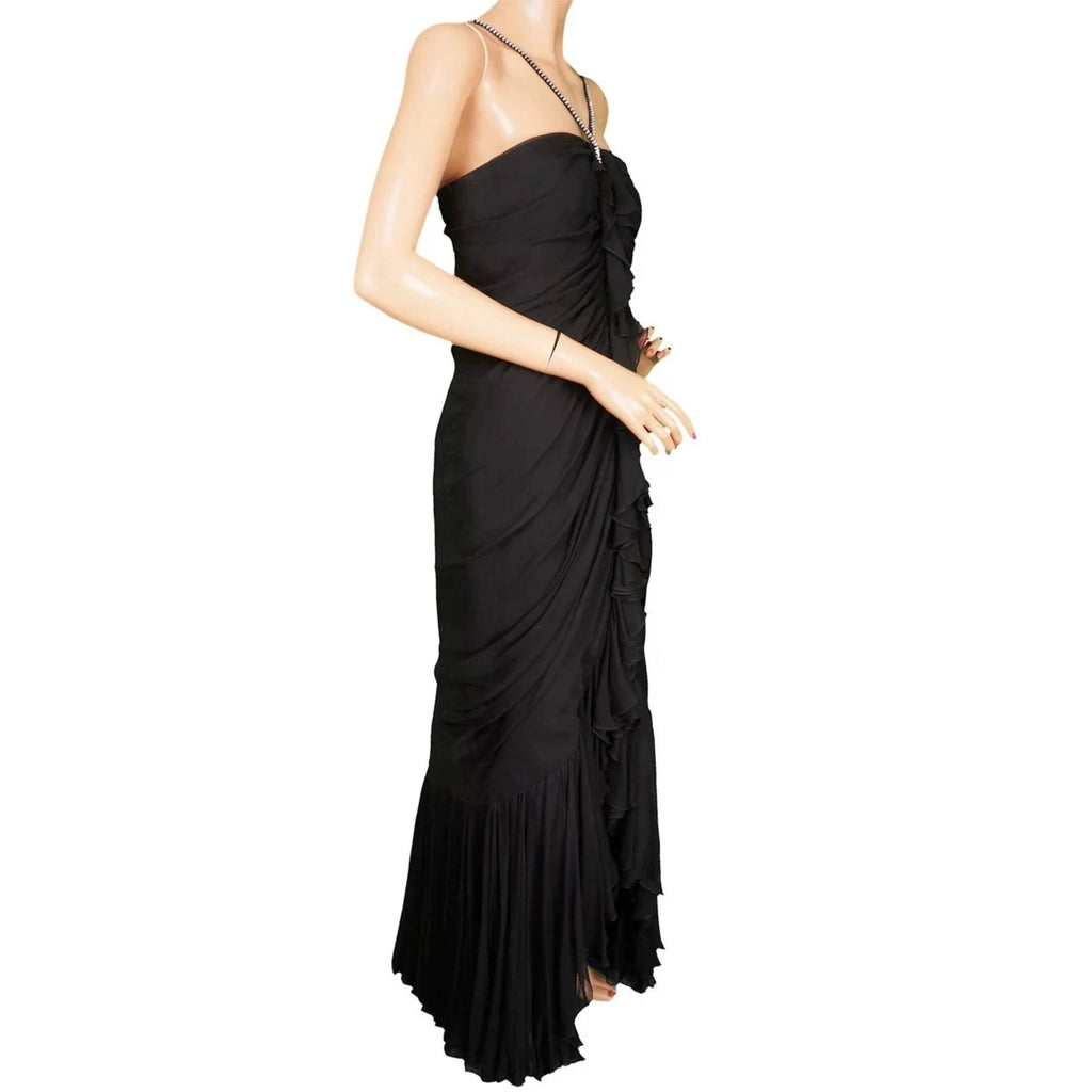 angled view of  William Travilla Black Silk Chiffon Gown