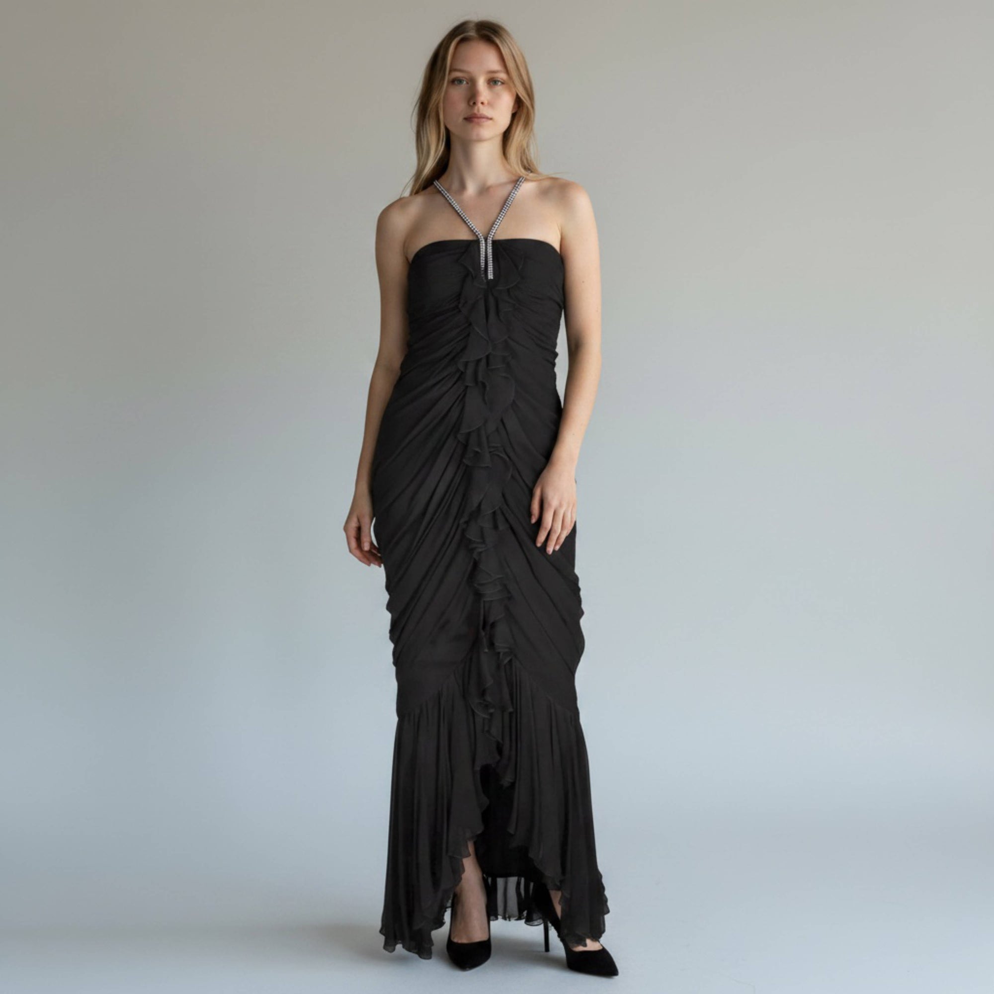 AI Model wearing Vintage 1970s Black Silk Chiffon Gown by William Travilla