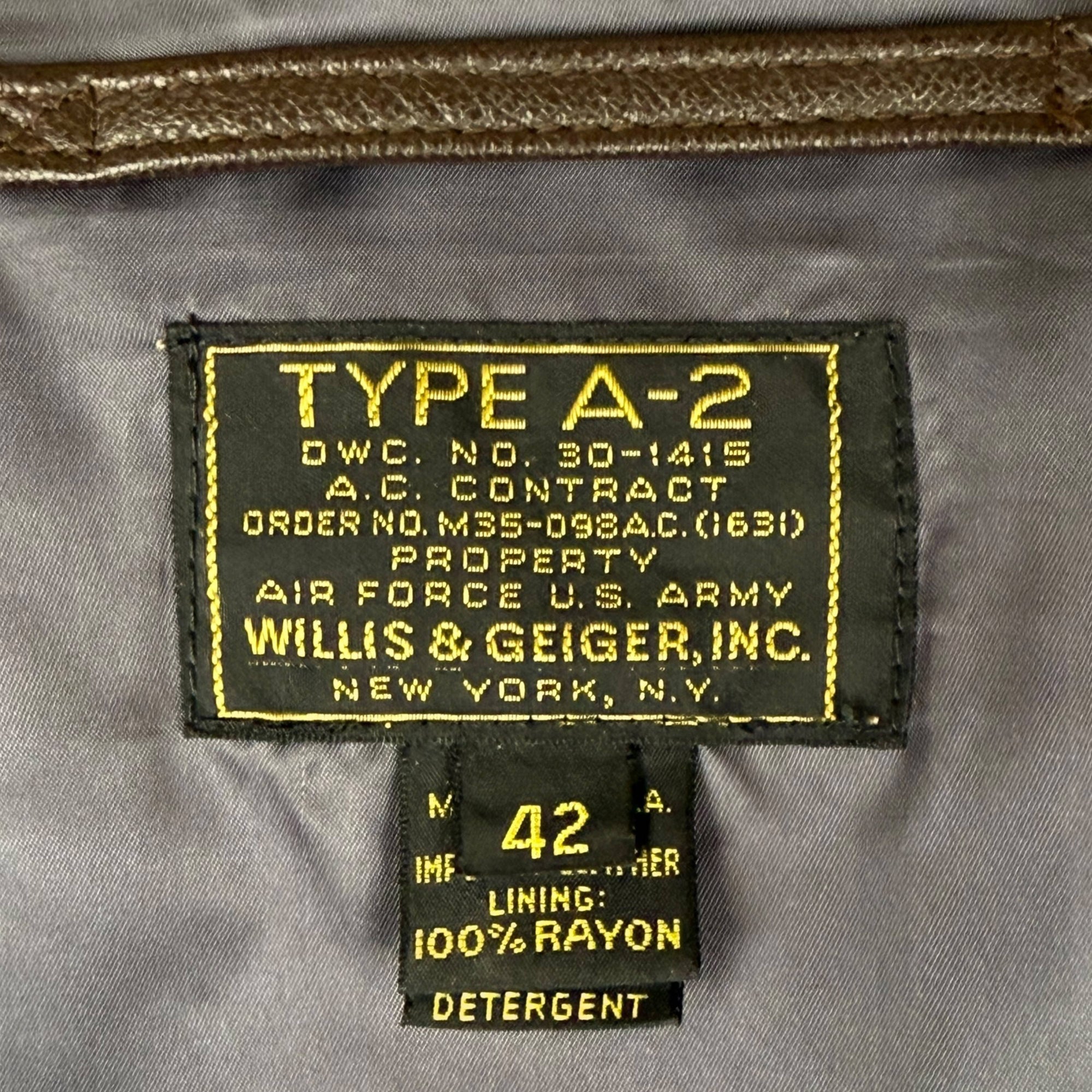 Vintage Leather A2 Flight Jacket 1980s Willis & Geiger NY Size 42