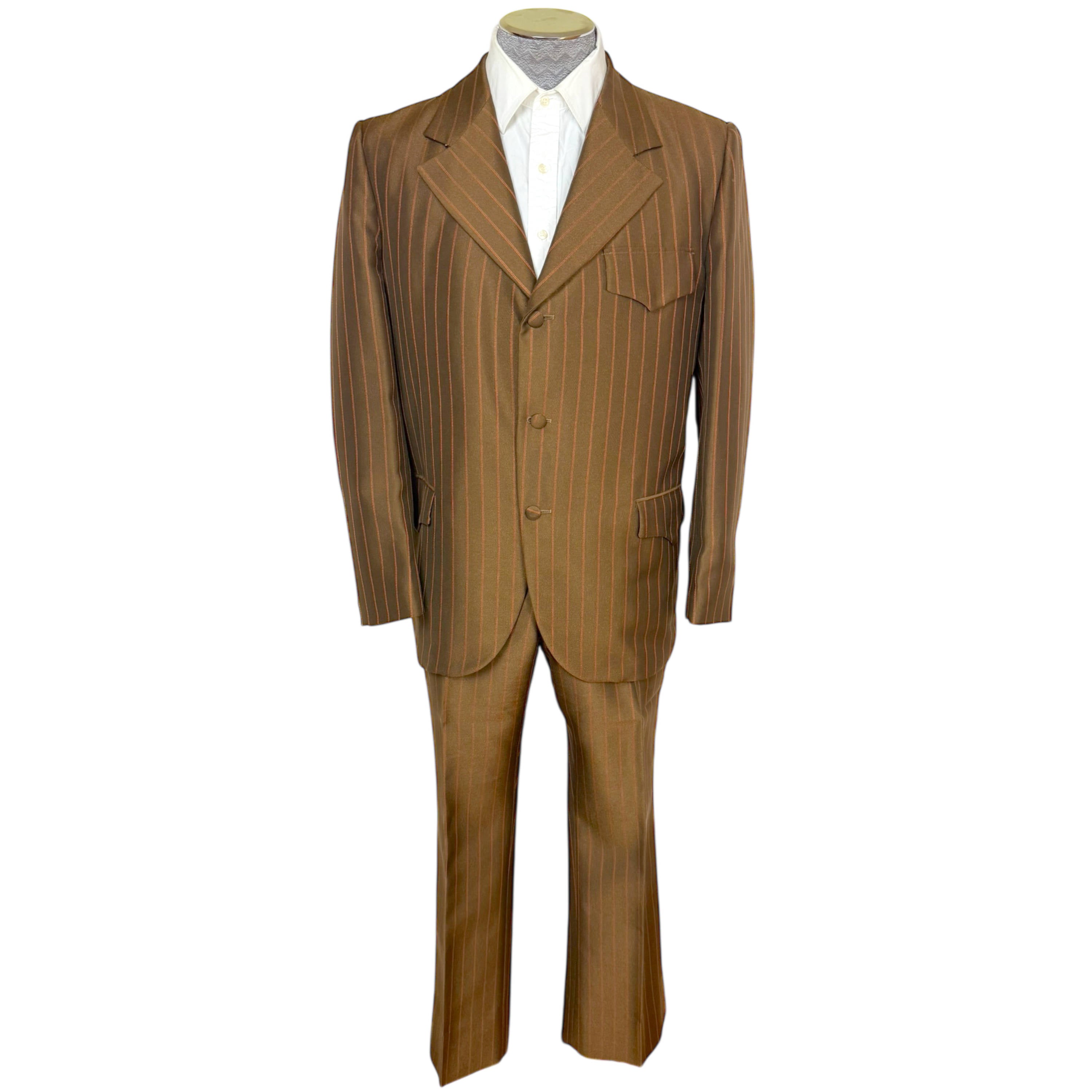 Vintage 1960s Shiny Suit Brown w Orange Pinstripe Men's Size L