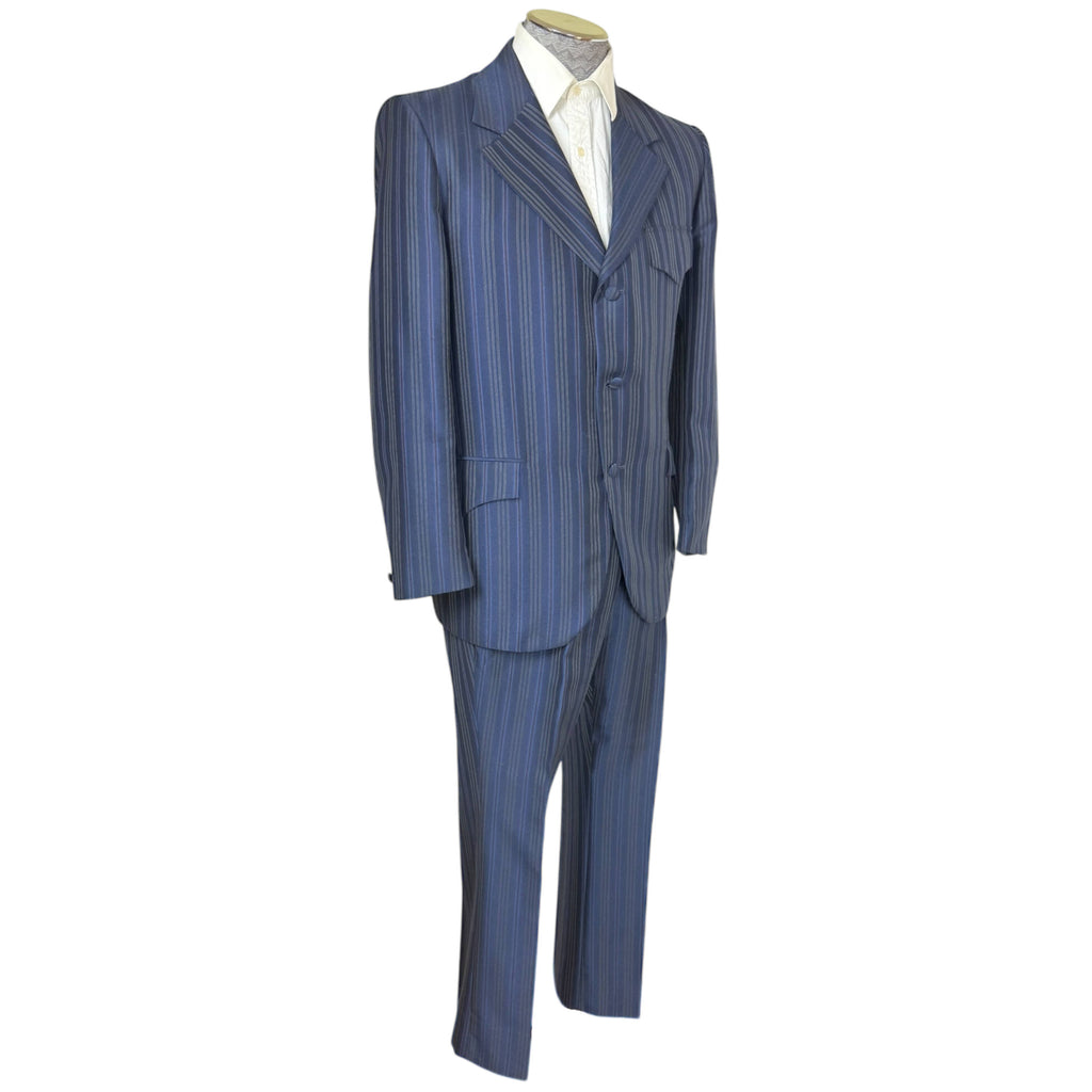 Vintage 1960s Shiny Suit Blue w Red Pinstripe Men’s Size L