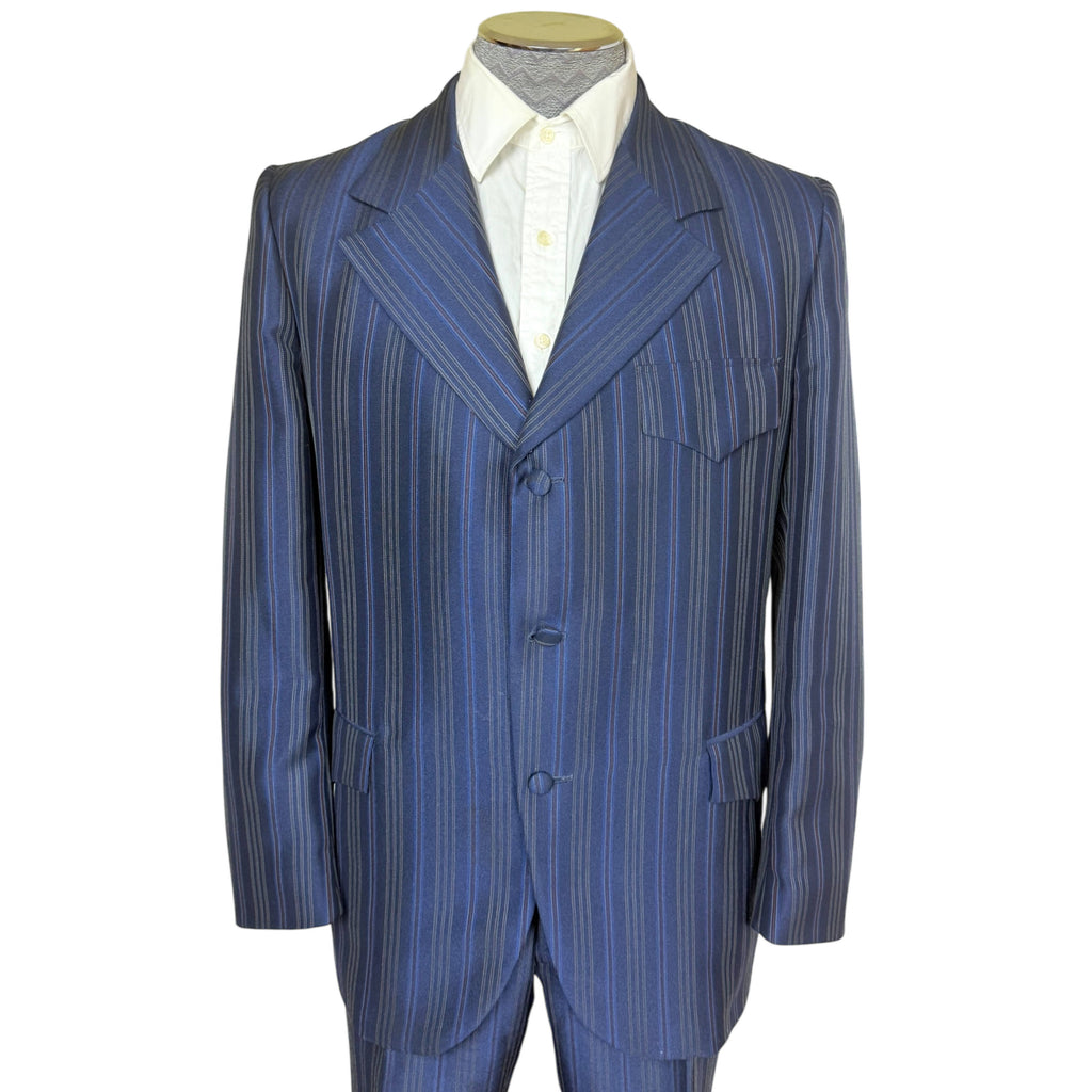 Vintage 1960s Shiny Suit Blue w Red Pinstripe Men’s Size L
