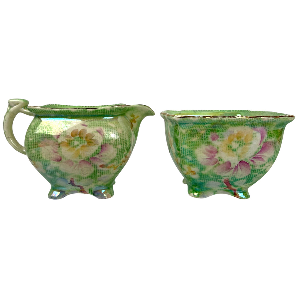 Royal Winton green lustre Tapestry creamer and sugar set