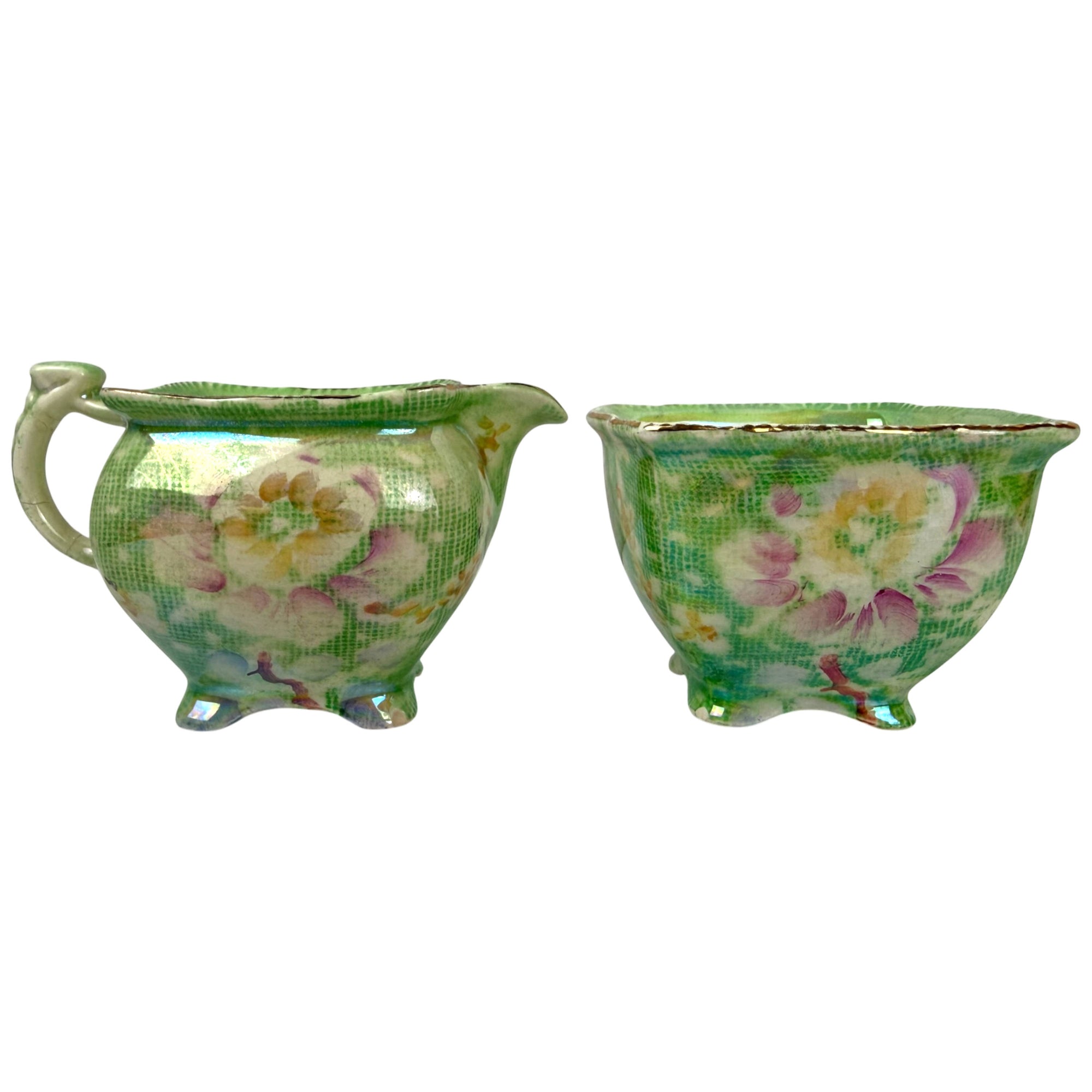 Royal Winton green lustre Tapestry creamer and sugar set