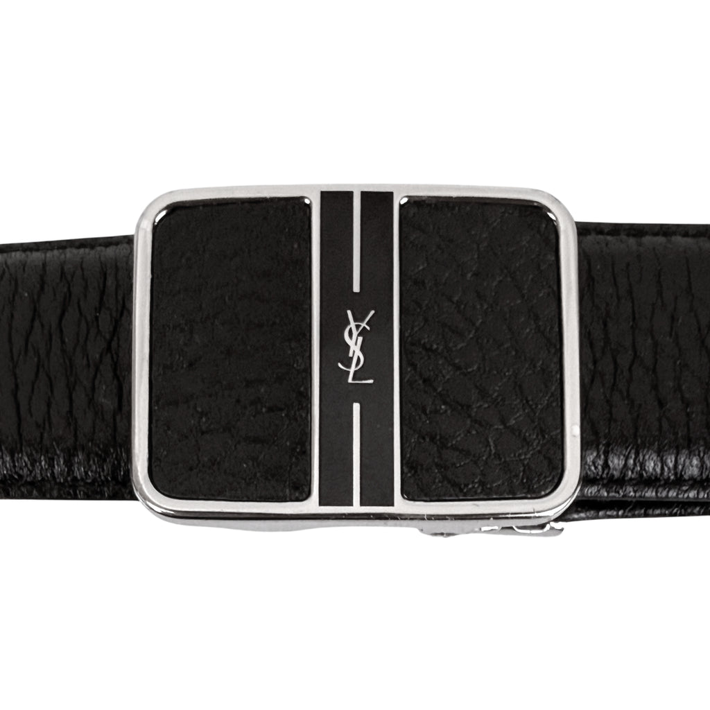 Close-up of YSL monogram plaque buckle silver tone