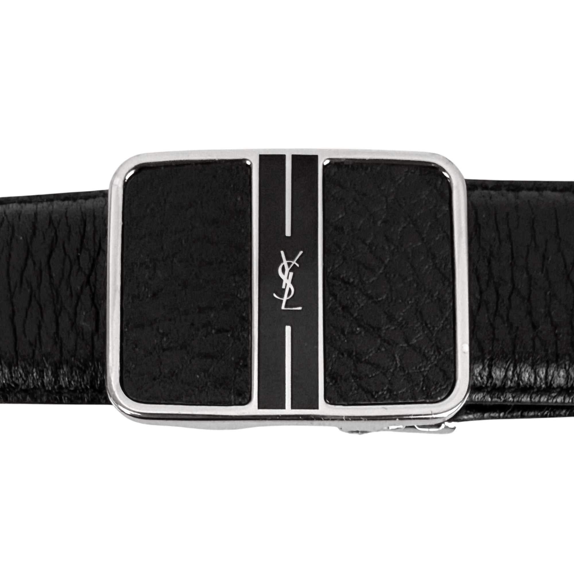 Close-up of YSL monogram plaque buckle silver tone