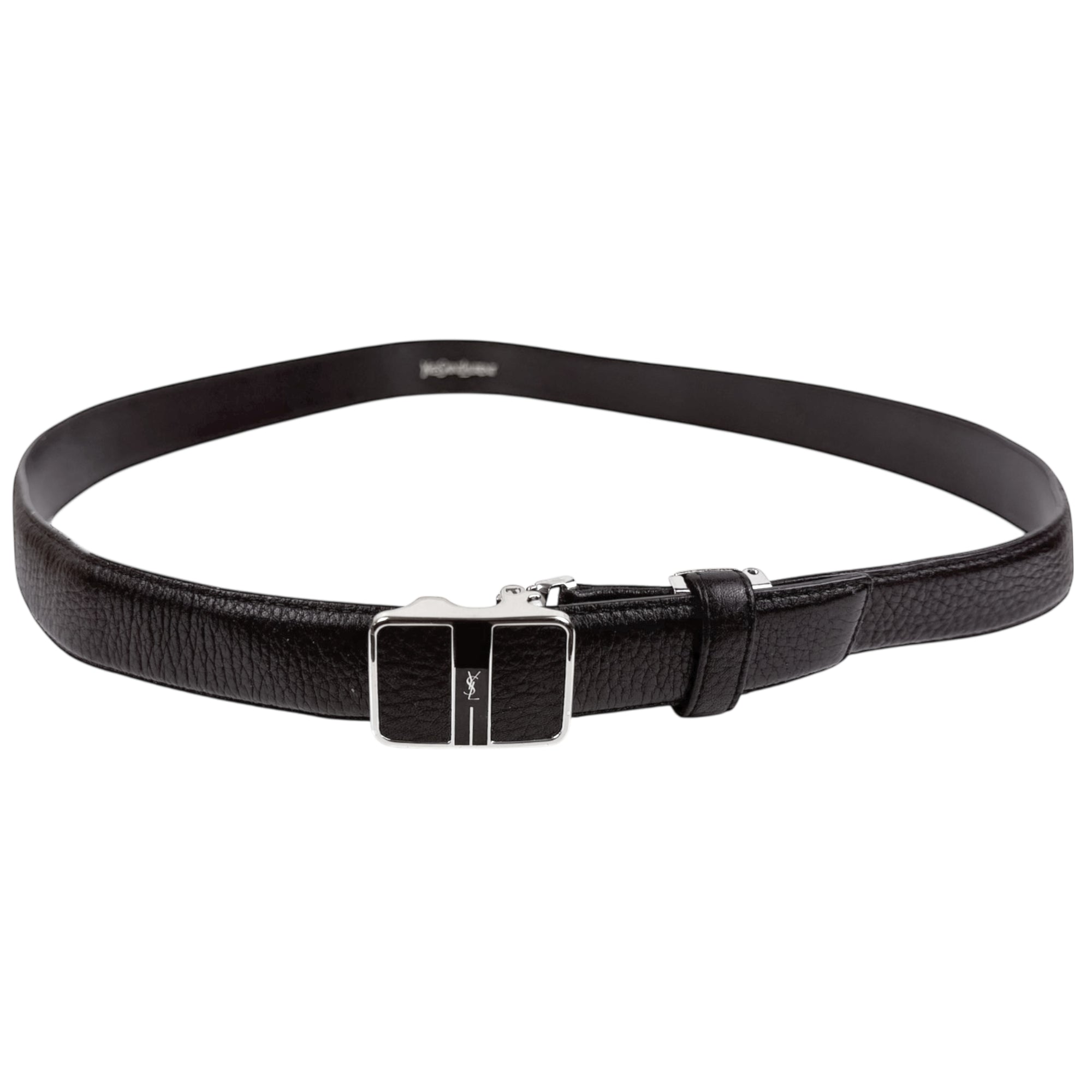 Yves Saint Laurent black leather belt with YSL plaque buckle front view