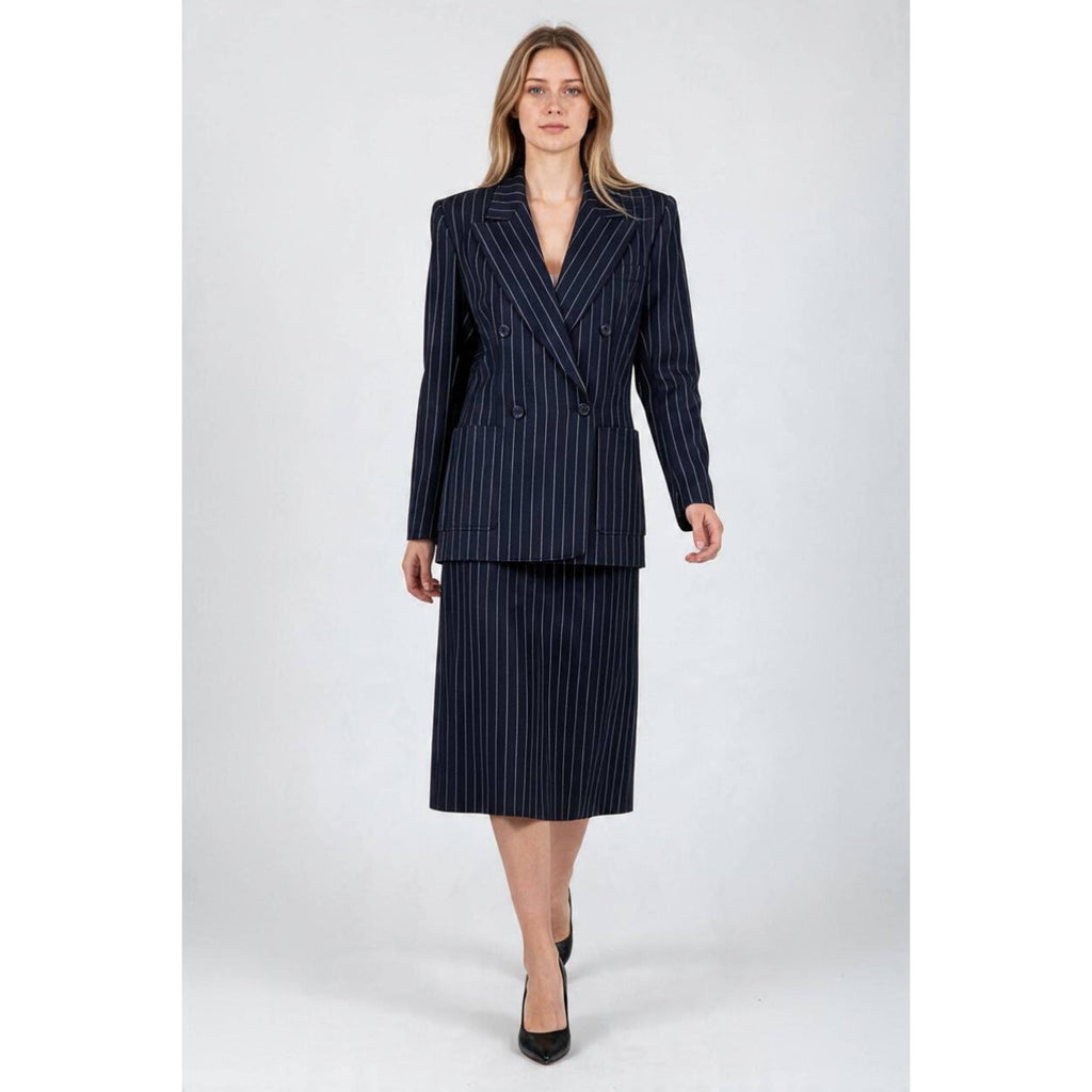 AI generated model wearing Yves Saint Laurent Rive Gauche pinstripe skirt suit