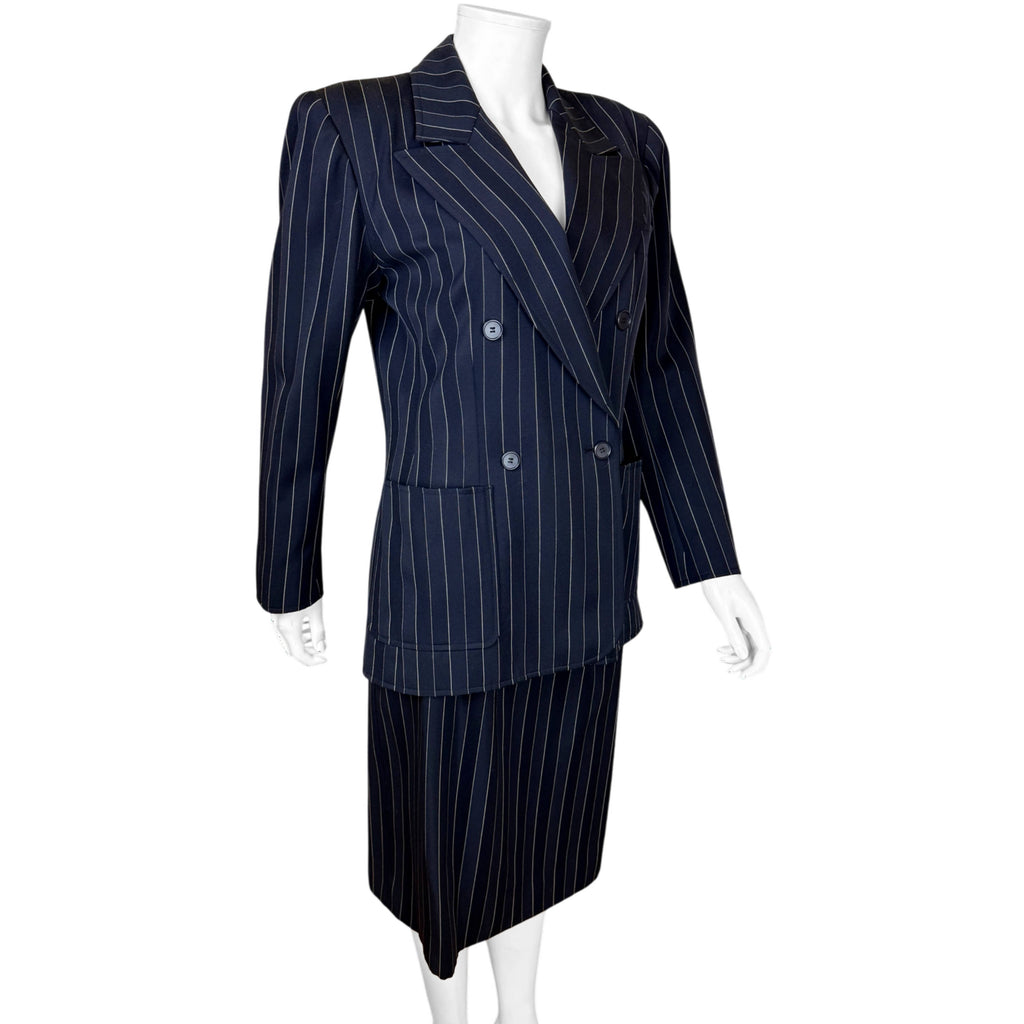 1980s Yves Saint Laurent navy pinstripe double-breasted jacket and pencil skirt angled front view