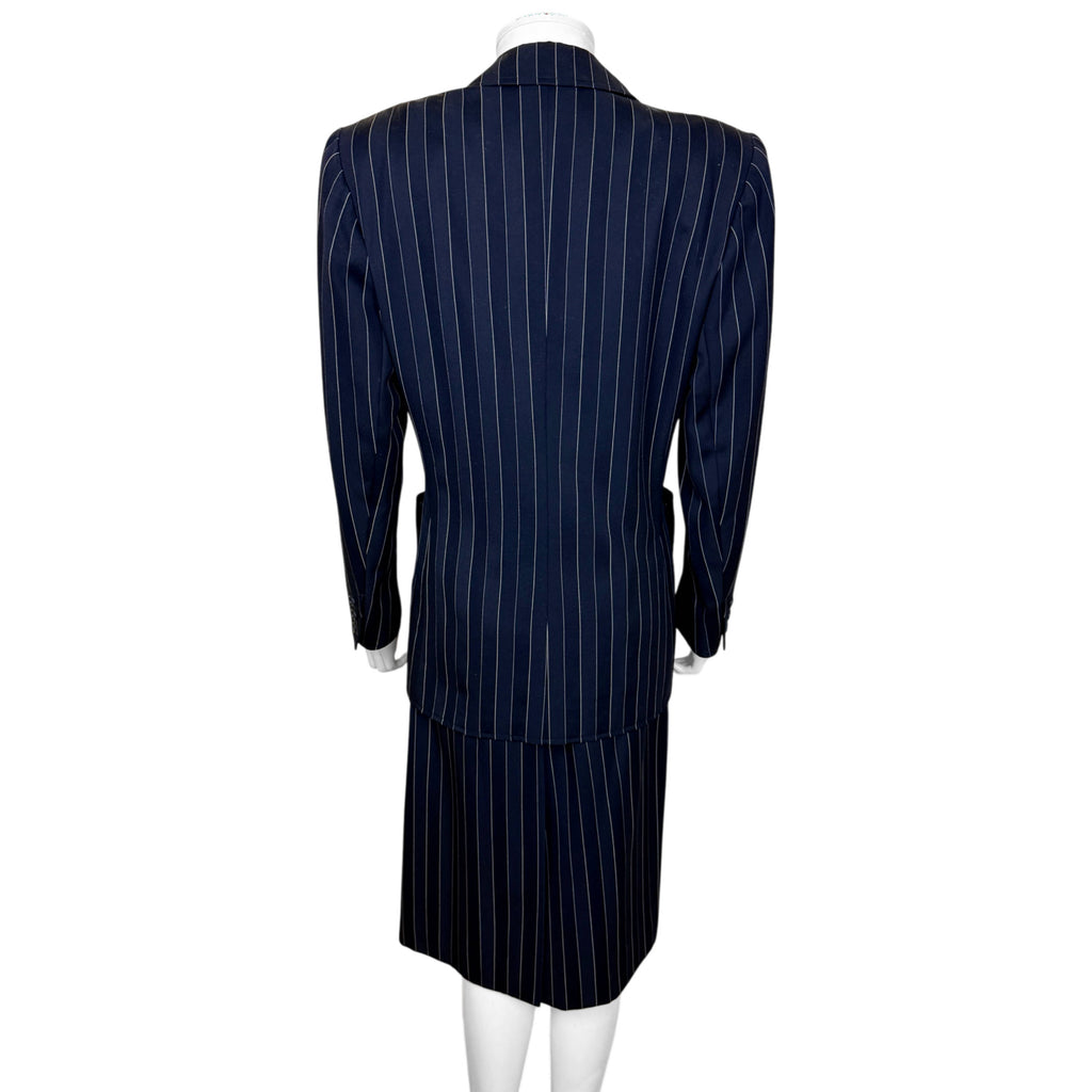 Back view of vintage Yves Saint Laurent navy pinstripe jacket and matching skirt