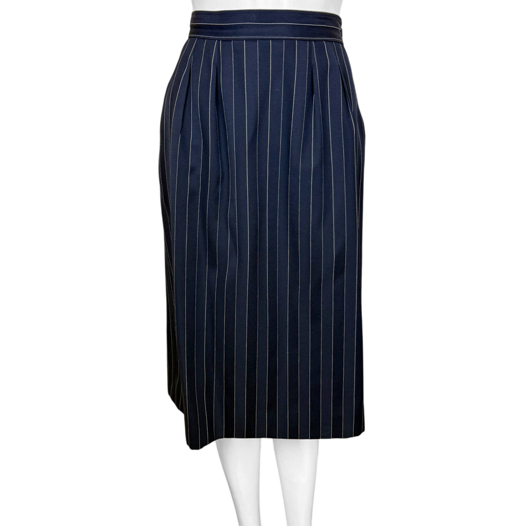 Front view of matching Yves Saint Laurent high-waisted navy pinstripe pencil skirt