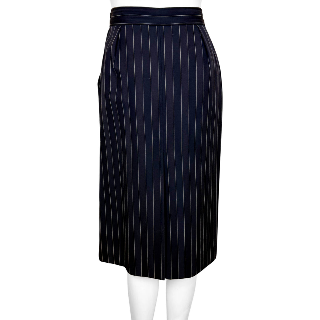 Back view of vintage Yves Saint Laurent navy pinstripe pencil skirt with centre seam
