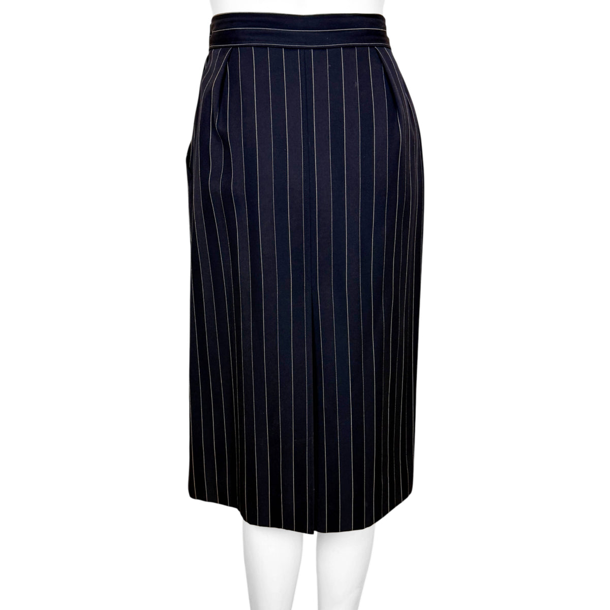 Back view of vintage Yves Saint Laurent navy pinstripe pencil skirt with centre seam