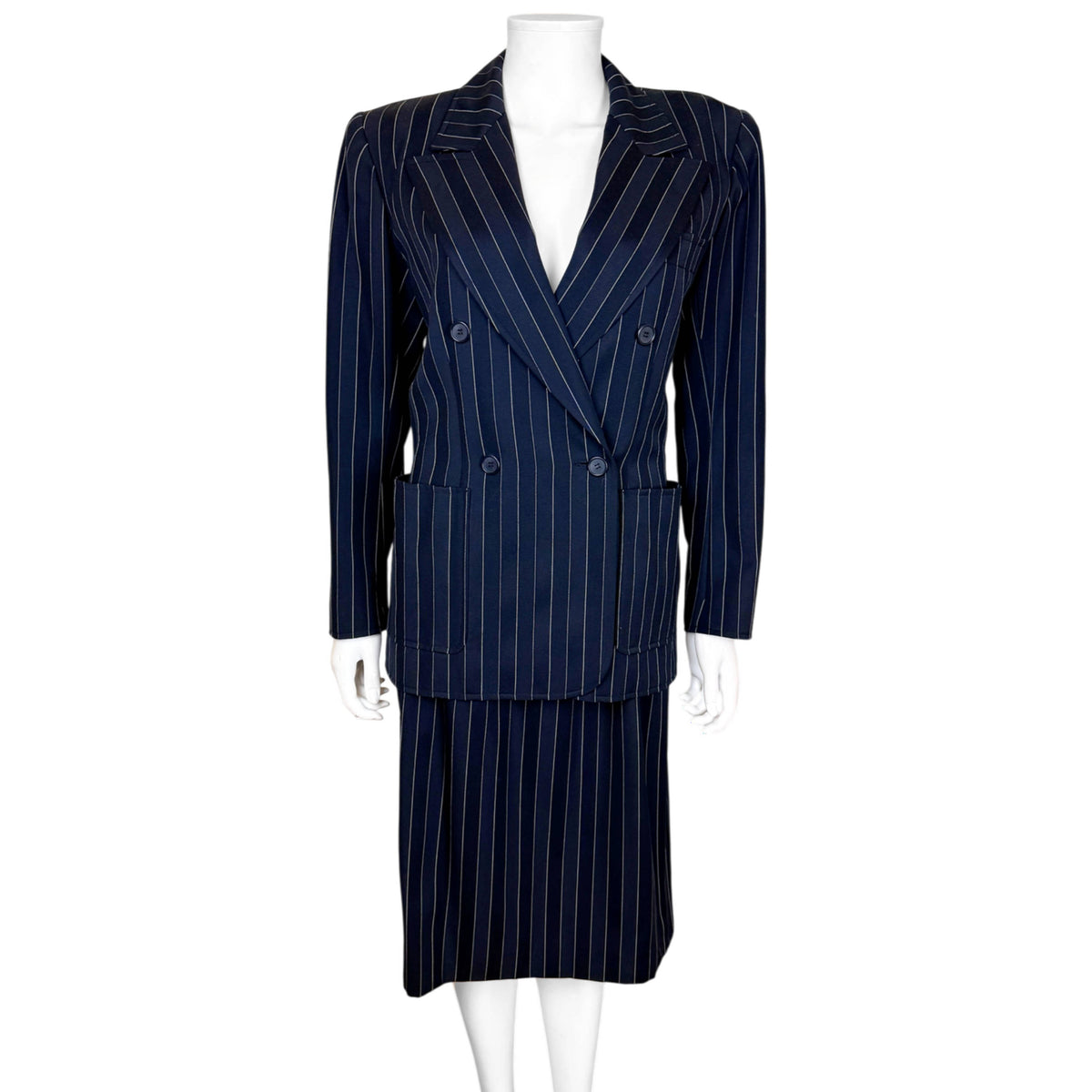 Vintage Yves Saint Laurent Rive Gauche navy pinstripe skirt suit front view on mannequin