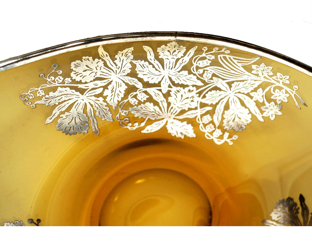 Elegant Glass Centerpiece Bowl with Silver Overlay Orchid Flower Ptn Triangular - Poppy's Vintage Clothing