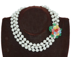 Vintage 1940s 3 Strand White Glass Round Bead Necklace w Glass Flower Clasp - VFG - Poppy's Vintage Clothing