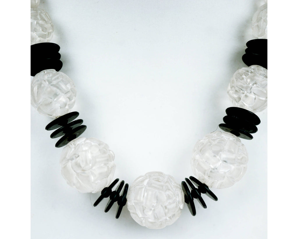 Art Deco Plastic Necklace 1930s Clear Beads with Black Flying Saucer Spacers - Poppy's Vintage Clothing