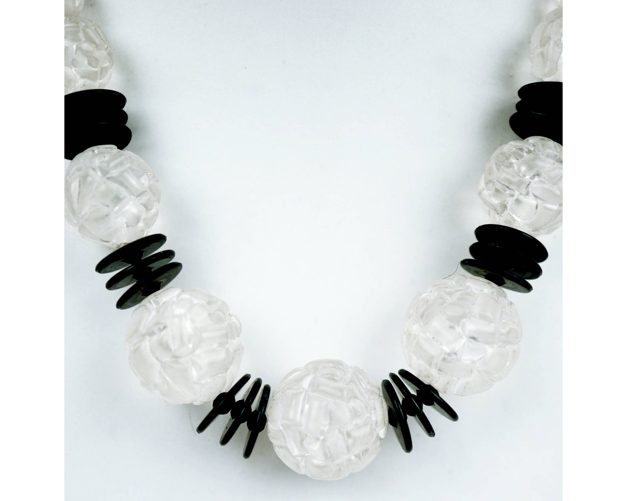 Art Deco Plastic Necklace 1930s Clear Beads with Black Flying Saucer Spacers - Poppy's Vintage Clothing