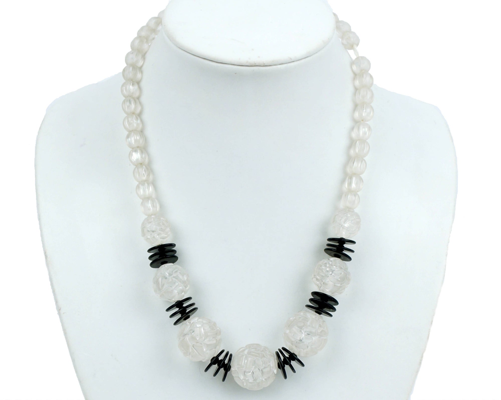 Art Deco Plastic Necklace 1930s Clear Beads with Black Flying Saucer Spacers - Poppy's Vintage Clothing