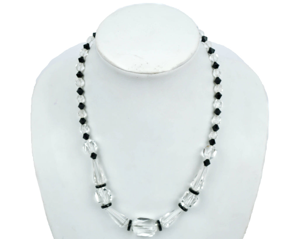 Art Deco Crystal Glass Necklace 1930s Clear and Black Beads Choker Length - Poppy's Vintage Clothing