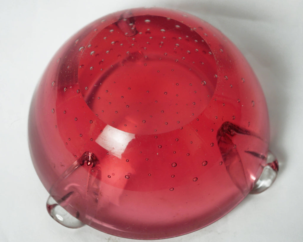Murano Glass Bullicante Ashtray Cranberry Controlled Bubble Heavy Hand Blown - Poppy's Vintage Clothing