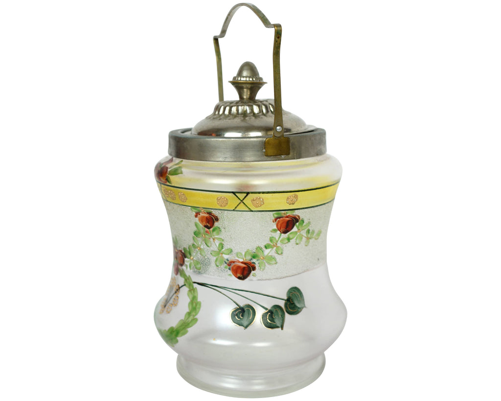 Antique Satin Glass Biscuit Barrel Floral Painted Cookie Jar - Poppy's Vintage Clothing