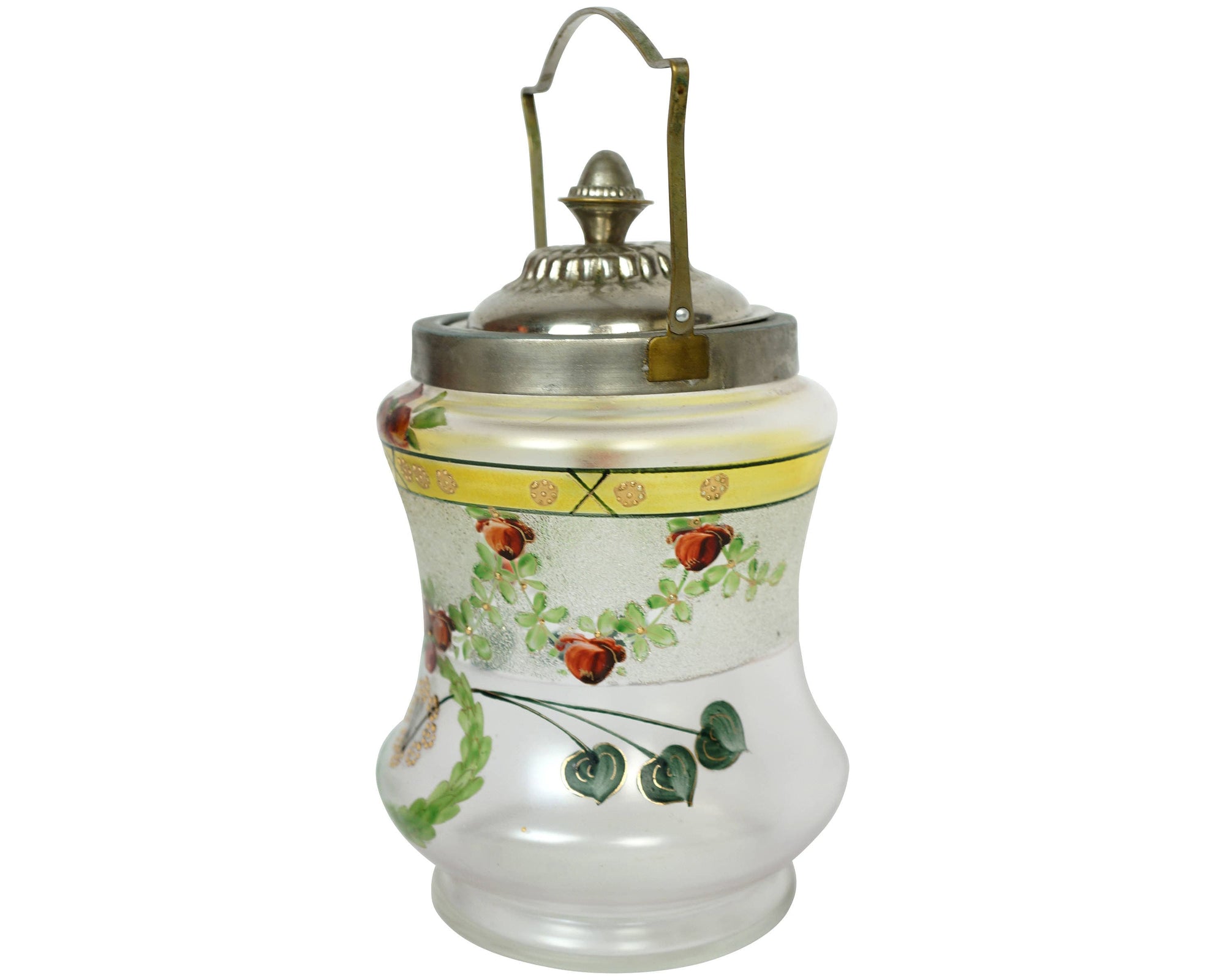Antique Satin Glass Biscuit Barrel Floral Painted Cookie Jar - Poppy's Vintage Clothing