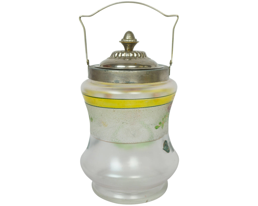 Antique Satin Glass Biscuit Barrel Floral Painted Cookie Jar - Poppy's Vintage Clothing