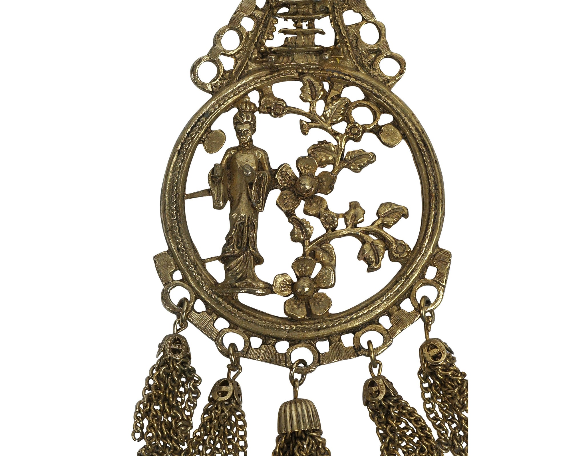 Vintage 1960s Pendant Necklace Chinoiserie Brass Figural on Chain - Poppy's Vintage Clothing