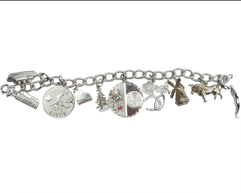 Vintage Sterling Silver Charm Bracelet w 10 Charms - Poppy's Vintage Clothing