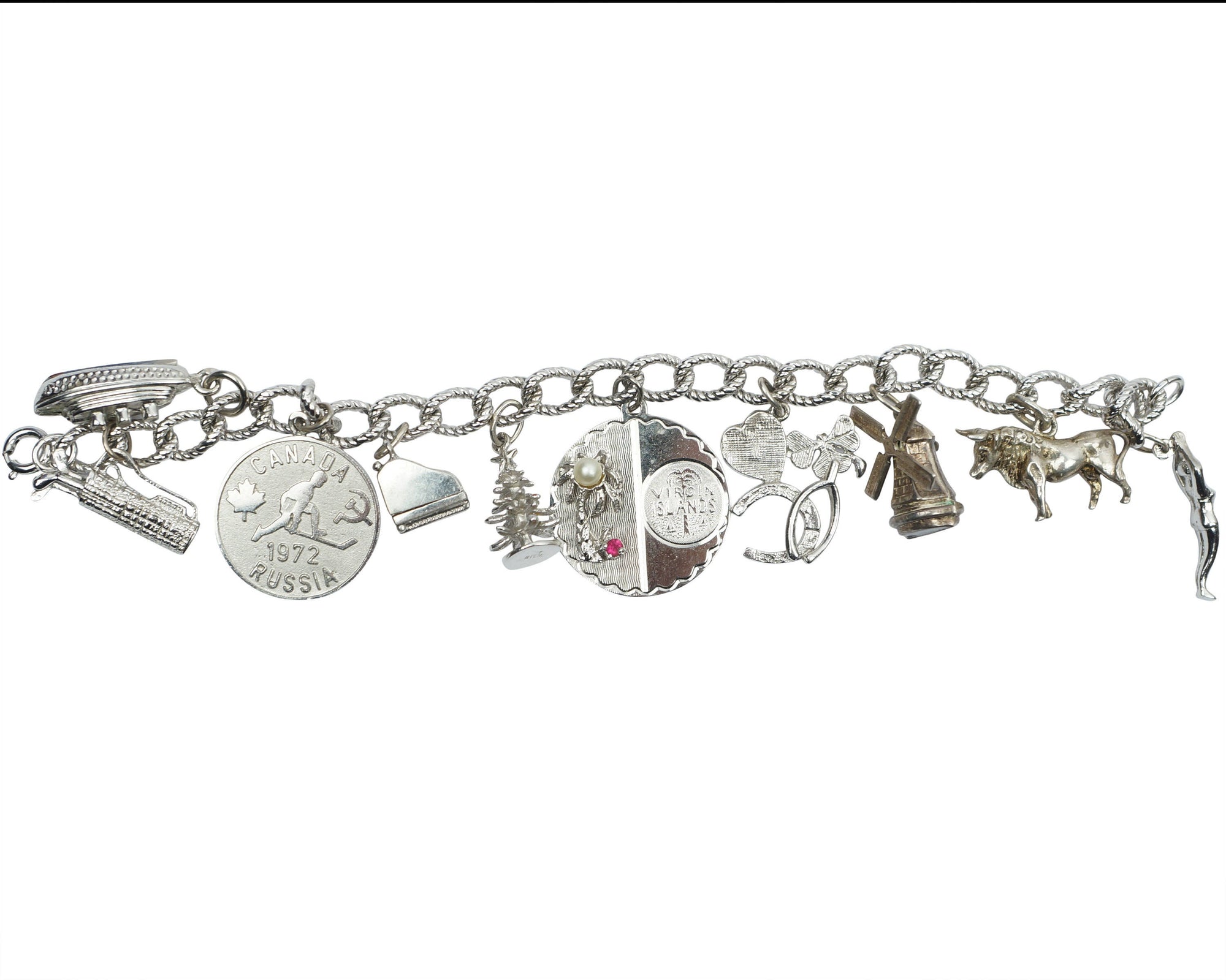 Vintage Sterling Silver Charm Bracelet w 10 Charms - Poppy's Vintage Clothing