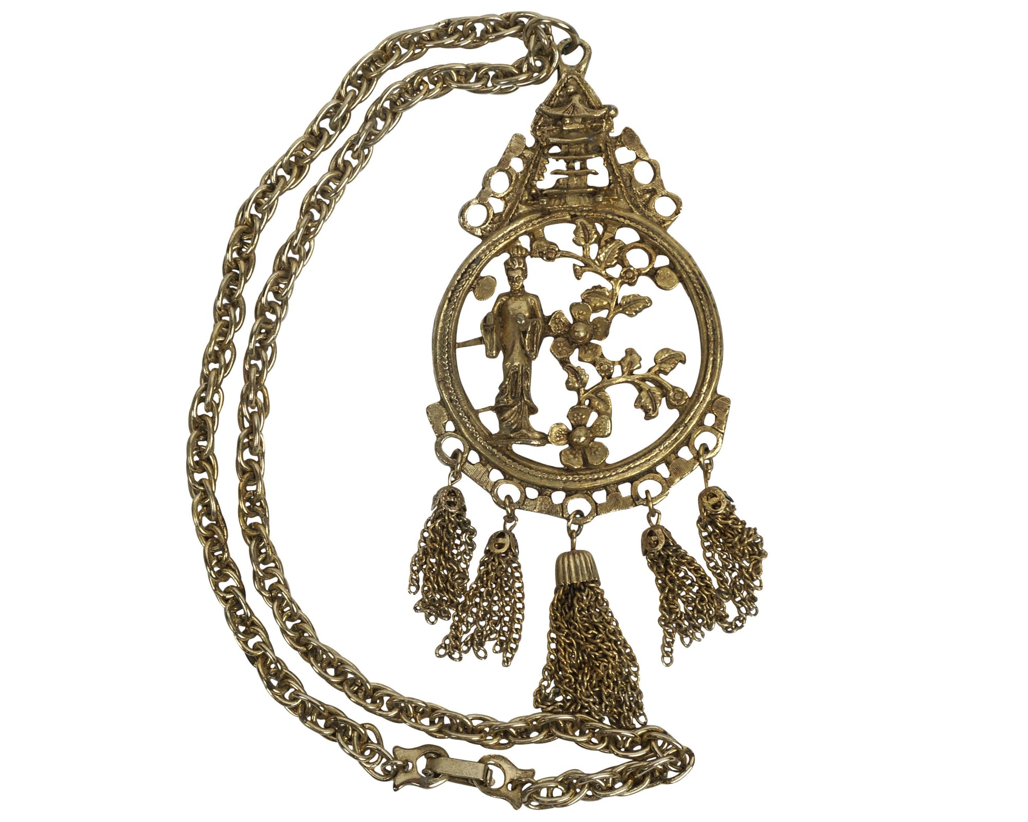 Vintage 1960s Pendant Necklace Chinoiserie Brass Figural on Chain - Poppy's Vintage Clothing