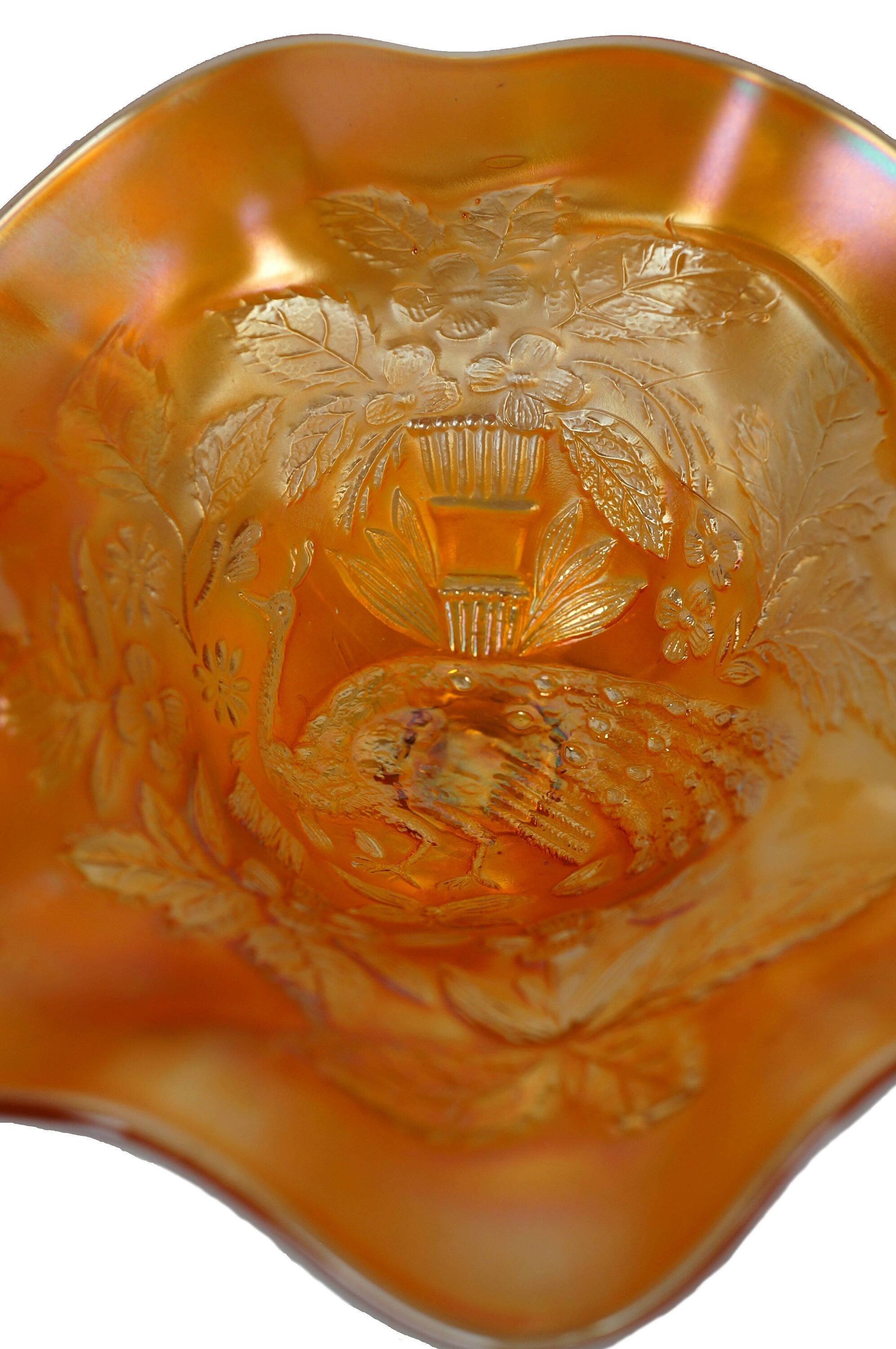 Antique Carnival Glass Compote Fenton Peacock and Urn Ruffled Edge - Poppy's Vintage Clothing