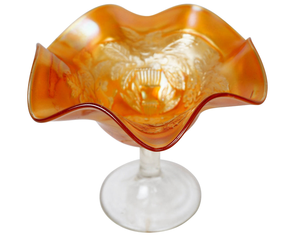 Antique Carnival Glass Compote Fenton Peacock and Urn Ruffled Edge - Poppy's Vintage Clothing