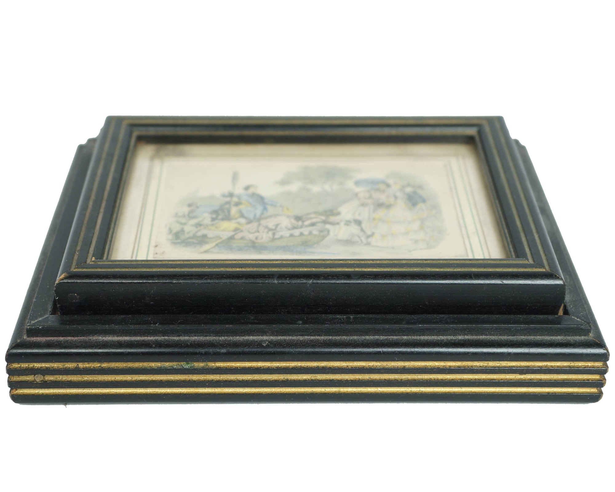 Antique Wood Trinket Box with Victorian Scene of Dogs & People - Poppy's Vintage Clothing