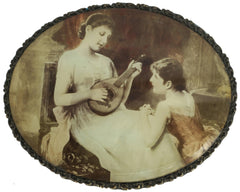 Antique Print in Oval Wood Frame Woman Serenading Another Woman - Poppy's Vintage Clothing