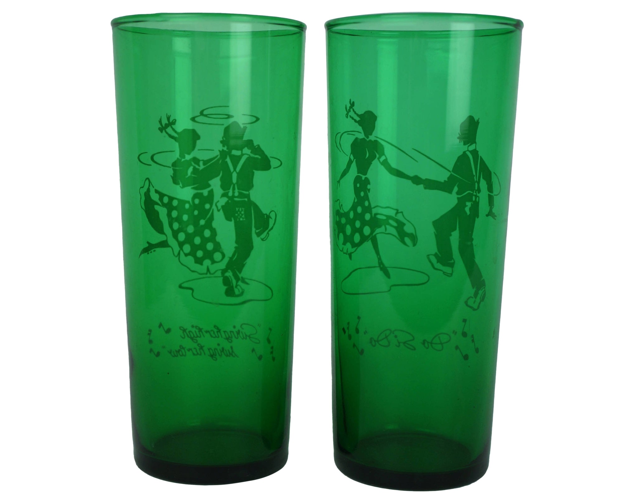 Vintage Square Dancing Highball Glass Iced Tea Tumblers Hocking Forest Green - Poppy's Vintage Clothing