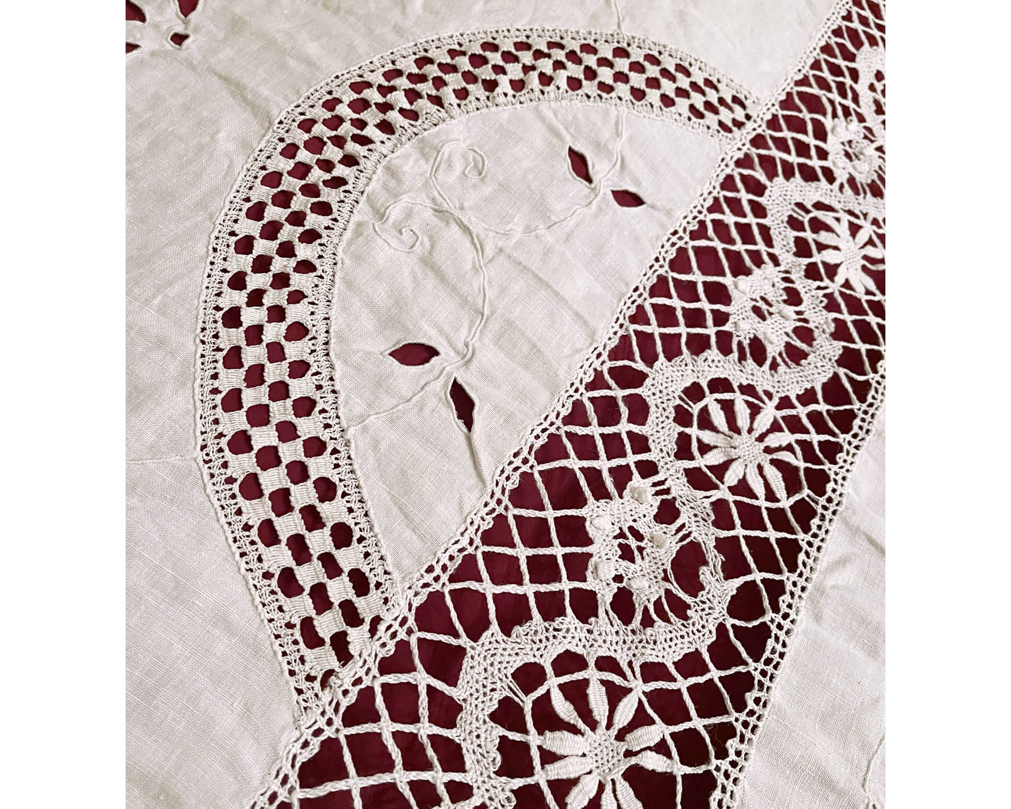 Vintage Lace Inset Linen Tablecloth w Embroidered Cutwork Bedspread - Poppy's Vintage Clothing