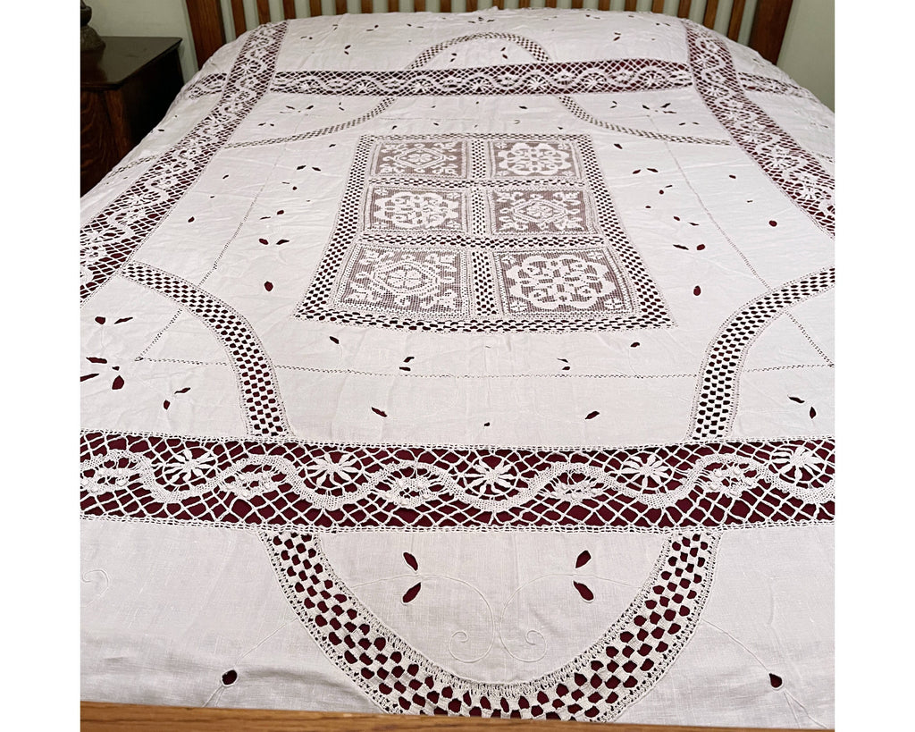 Vintage Lace Inset Linen Tablecloth w Embroidered Cutwork Bedspread - Poppy's Vintage Clothing