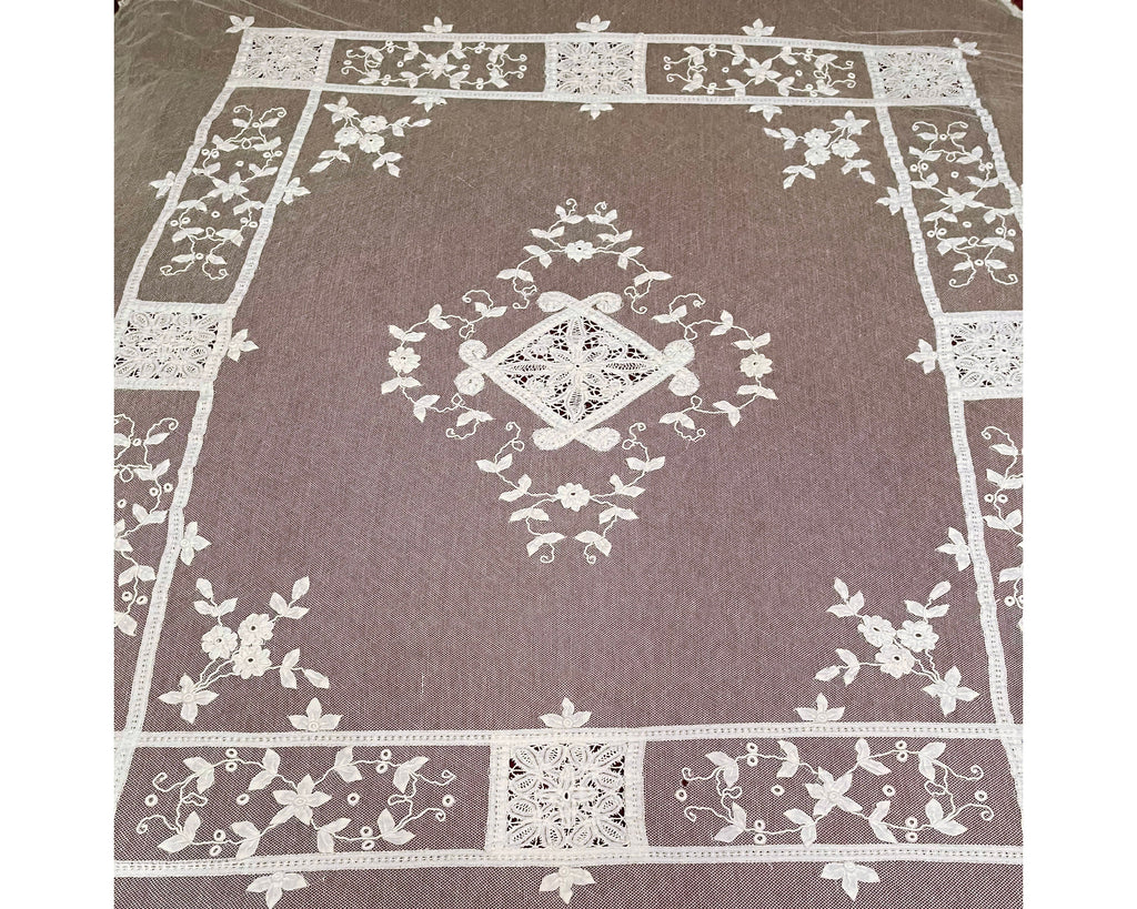 Antique French Tambour Lace Bedspread Floral Applique on Net - Poppy's Vintage Clothing