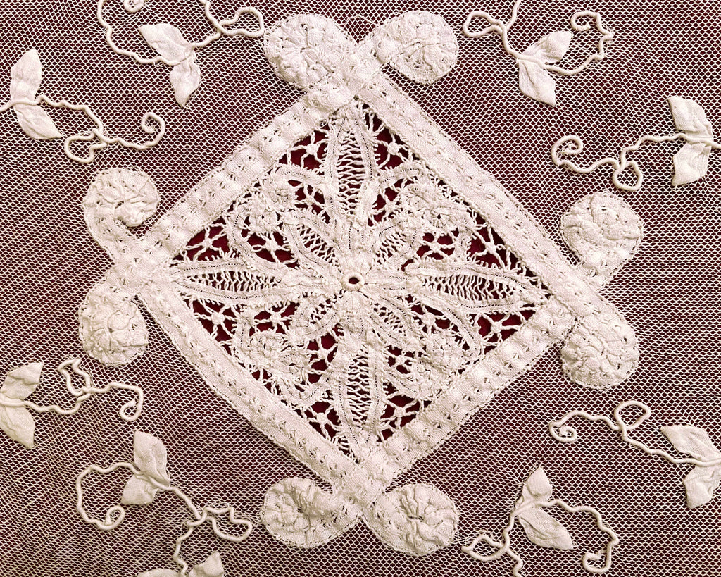 Antique French Tambour Lace Bedspread Floral Applique on Net - Poppy's Vintage Clothing
