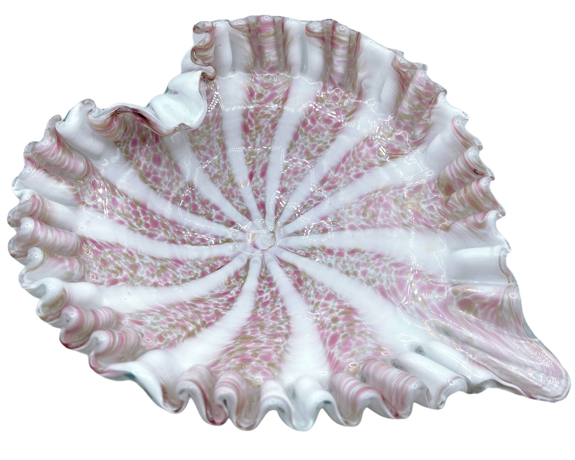 Vintage Barbini Murano Art Glass Bowl Pink Circus Tent Lattimo with Aventurine - Poppy's Vintage Clothing