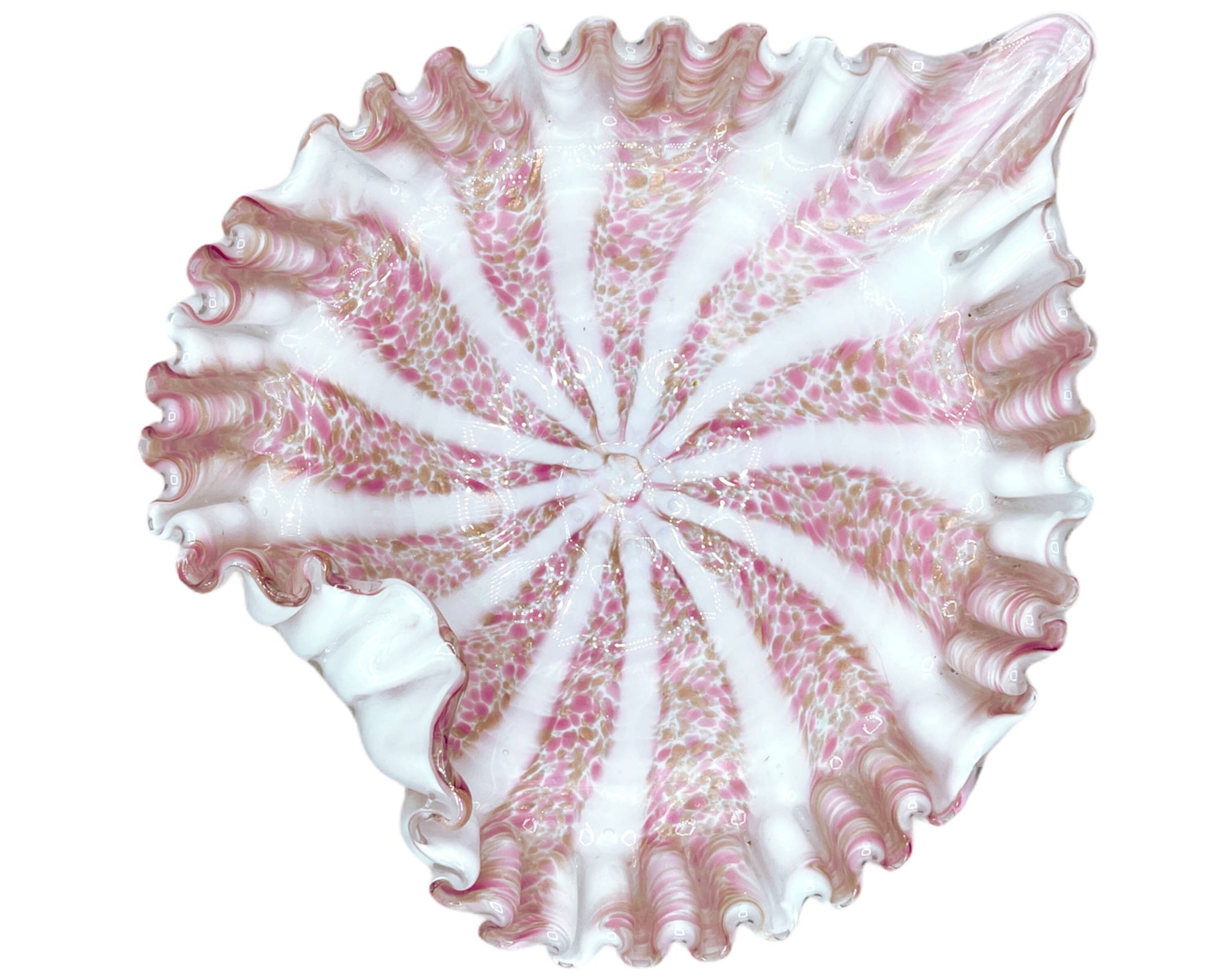 Vintage Barbini Murano Art Glass Bowl Pink Circus Tent Lattimo with Aventurine - Poppy's Vintage Clothing
