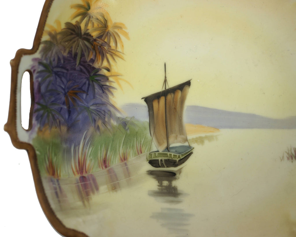 Antique Nippon Porcelain Bowl Hand Painted Sailboat River Scene Morimura M Mark - Poppy's Vintage Clothing