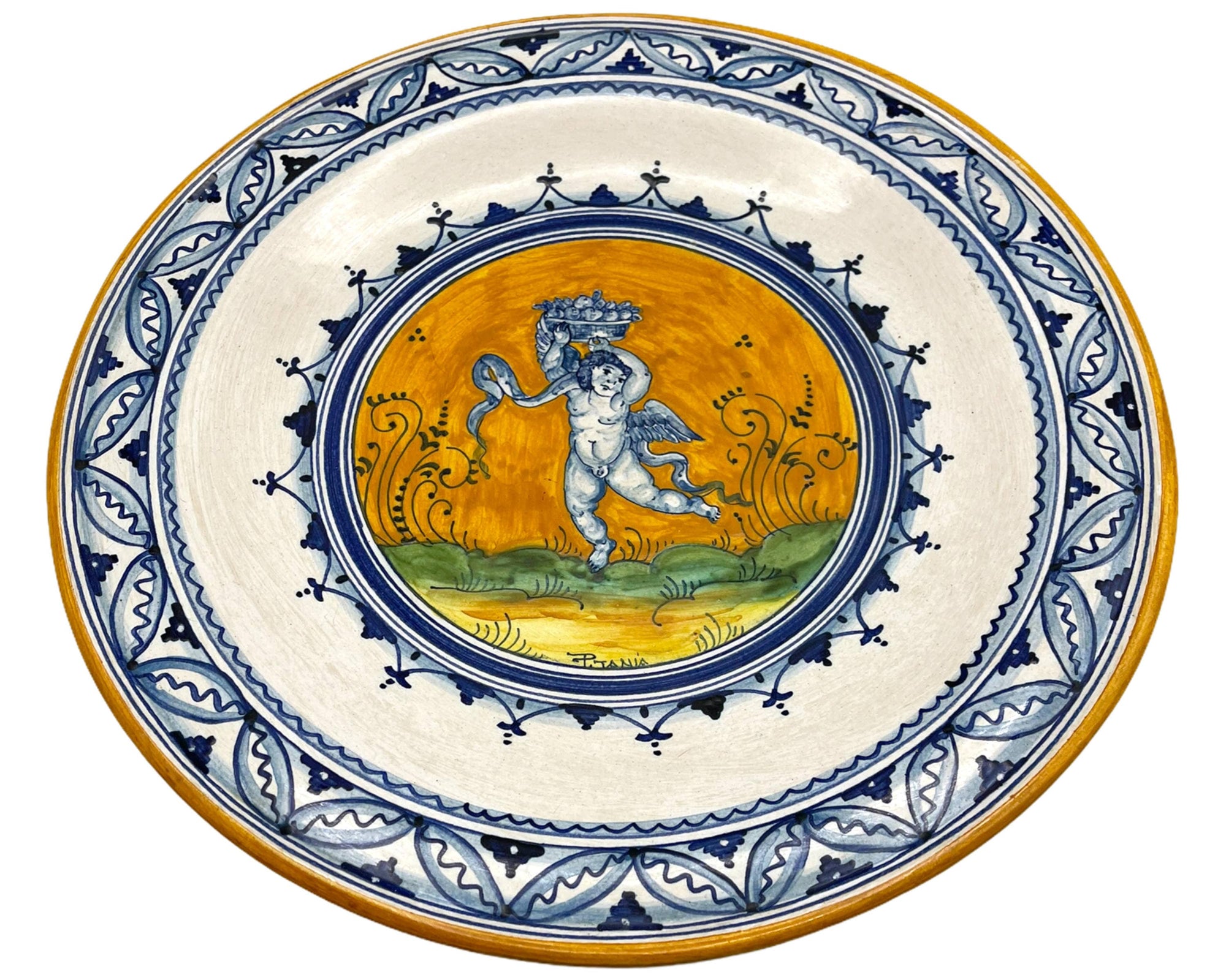 Vintage FC Deruta Pottery Charger Platter P Tania Hand Painted Cherub 14 - Poppy's Vintage Clothing