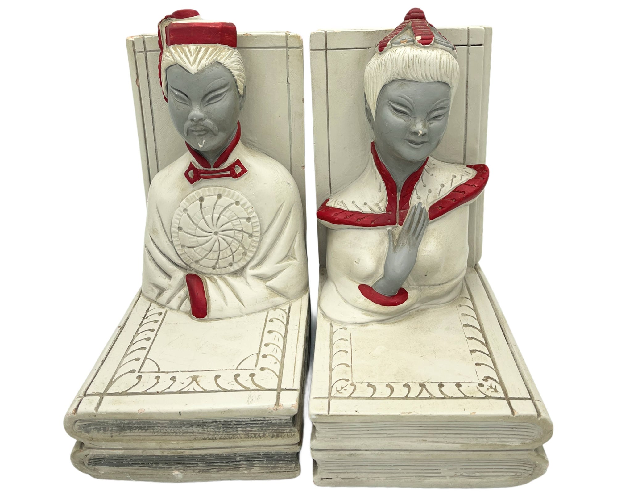Vintage 1940s Bookends Kitsch Chalkware Figural Chinese Man & Woman - Poppy's Vintage Clothing